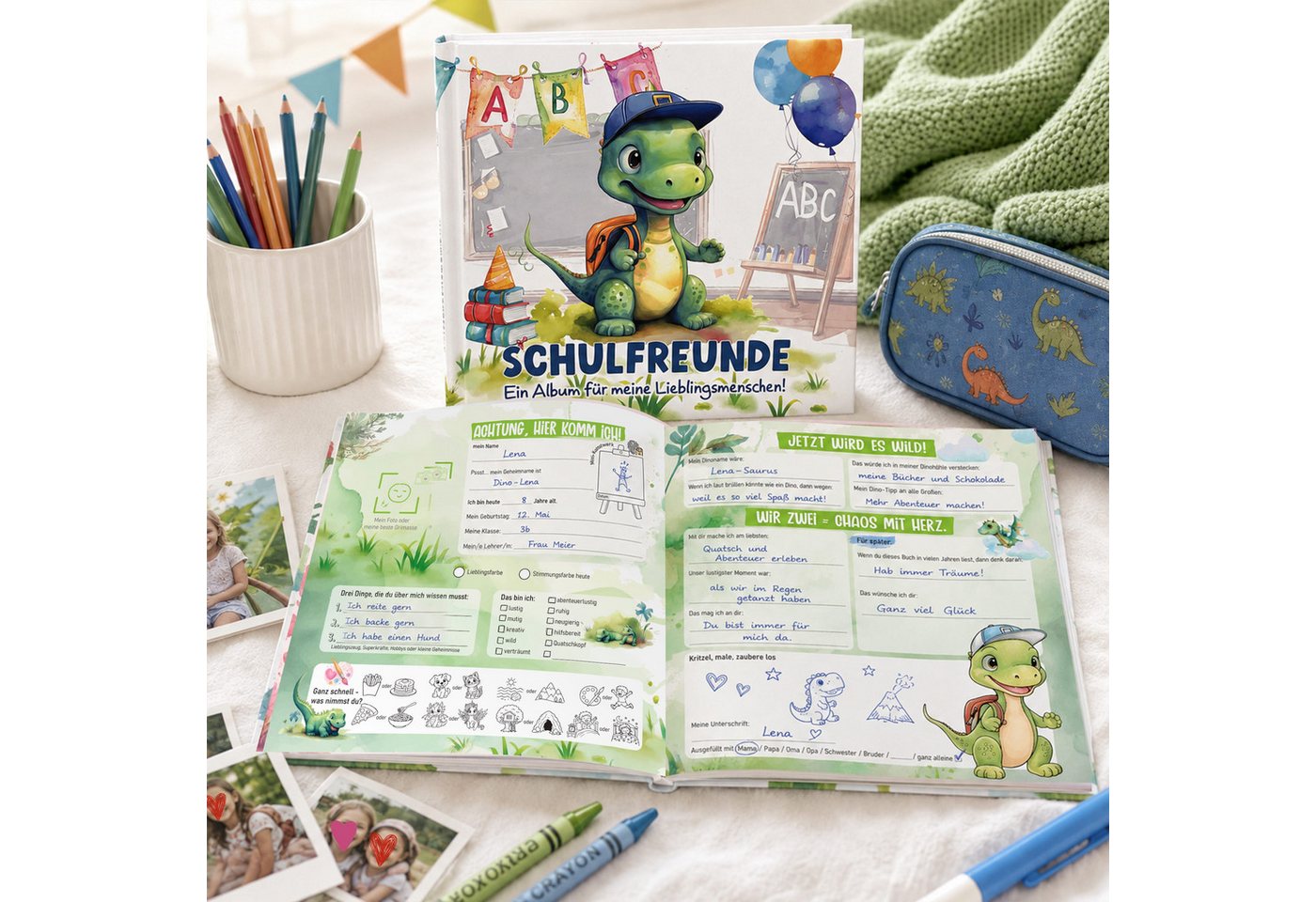TOBJA Poesiealbum Freundebuch Grundschule Dino 21x21 cm - 30 Freunde, 8 Erwachsene, Dino-Motiv, 92 Seiten, 30 Doppelseiten, FSC®-Papier Bild 4
