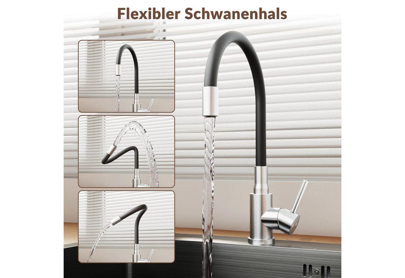 SONNI Küchenspüle Spülbecken 304 Edelstahl 50x45cm mit Silikon-Wasserhahn Einbauspüle, 50/20 cm, mit 360°-Silikonhahn & ausziehbarem Abtropfkorb, Aufbau, Einzelbecken Bild 2
