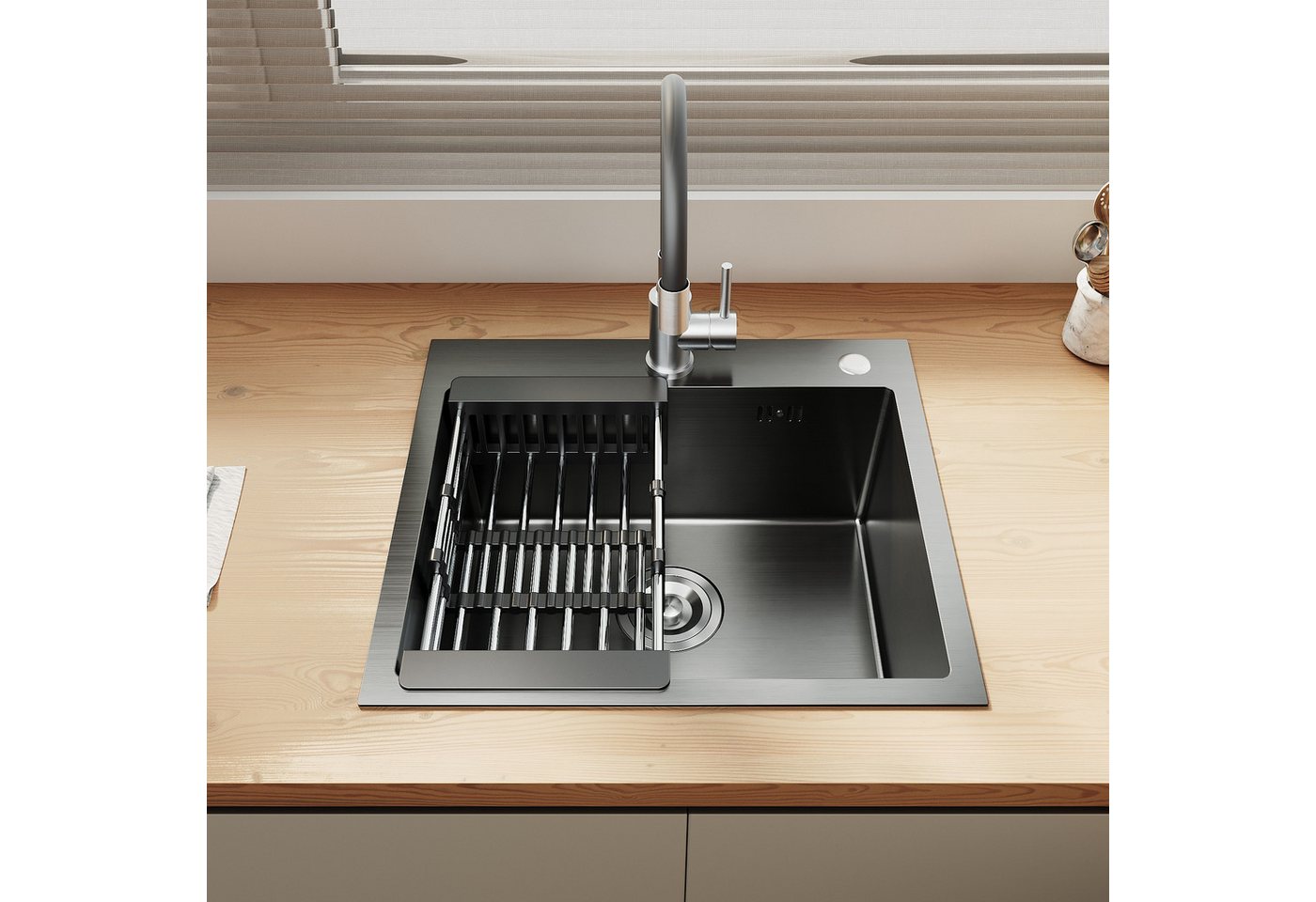 SONNI Küchenspüle Spülbecken 304 Edelstahl 50x45cm mit Silikon-Wasserhahn Einbauspüle, 50/20 cm, mit 360°-Silikonhahn & ausziehbarem Abtropfkorb, Aufbau, Einzelbecken Bild 3