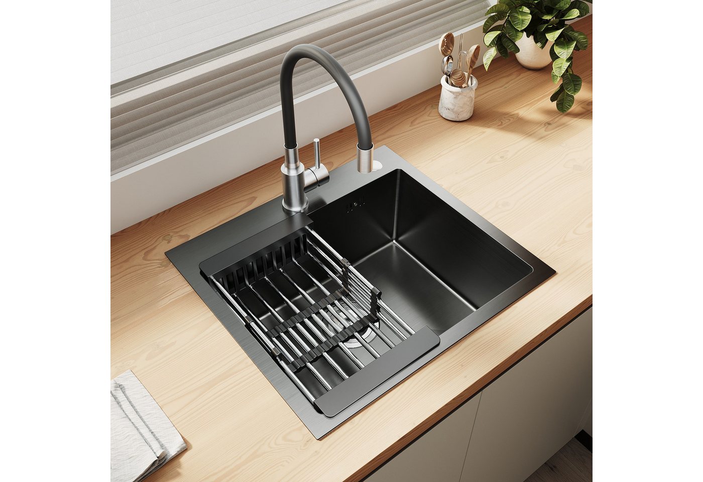 SONNI Küchenspüle Spülbecken 304 Edelstahl 50x45cm mit Silikon-Wasserhahn Einbauspüle, 50/20 cm, mit 360°-Silikonhahn & ausziehbarem Abtropfkorb, Aufbau, Einzelbecken Bild 5