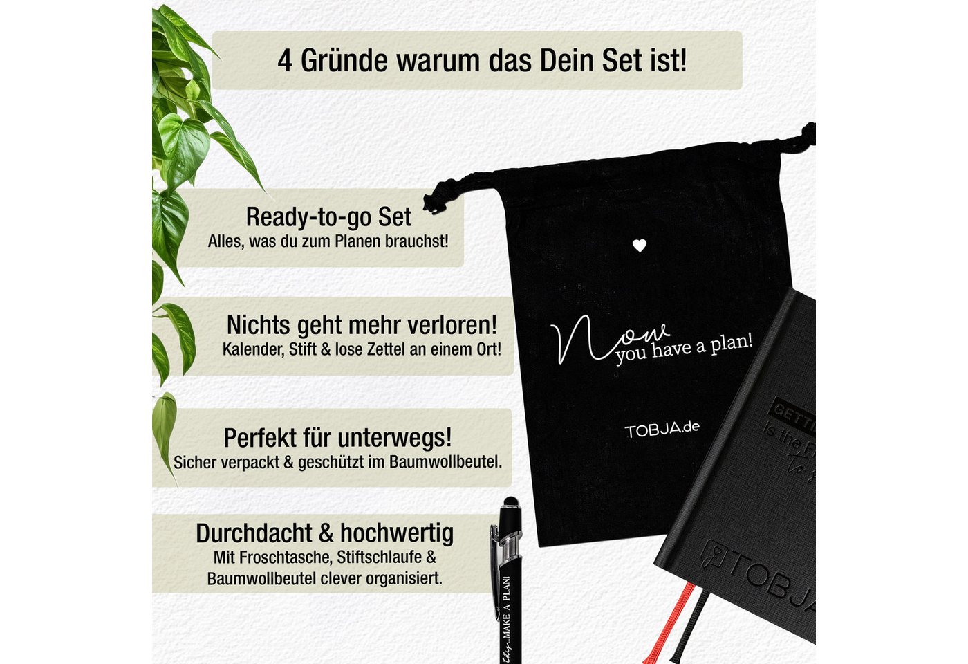 TOBJA Taschenkalender Taschenkalender 2027 A6 Schwarz Set mit Stift, Pen-Loop und Beutel, Zubehör-Set, Froschtasche, Pen-Loop, Touch-Stift, FSC-Hardcover