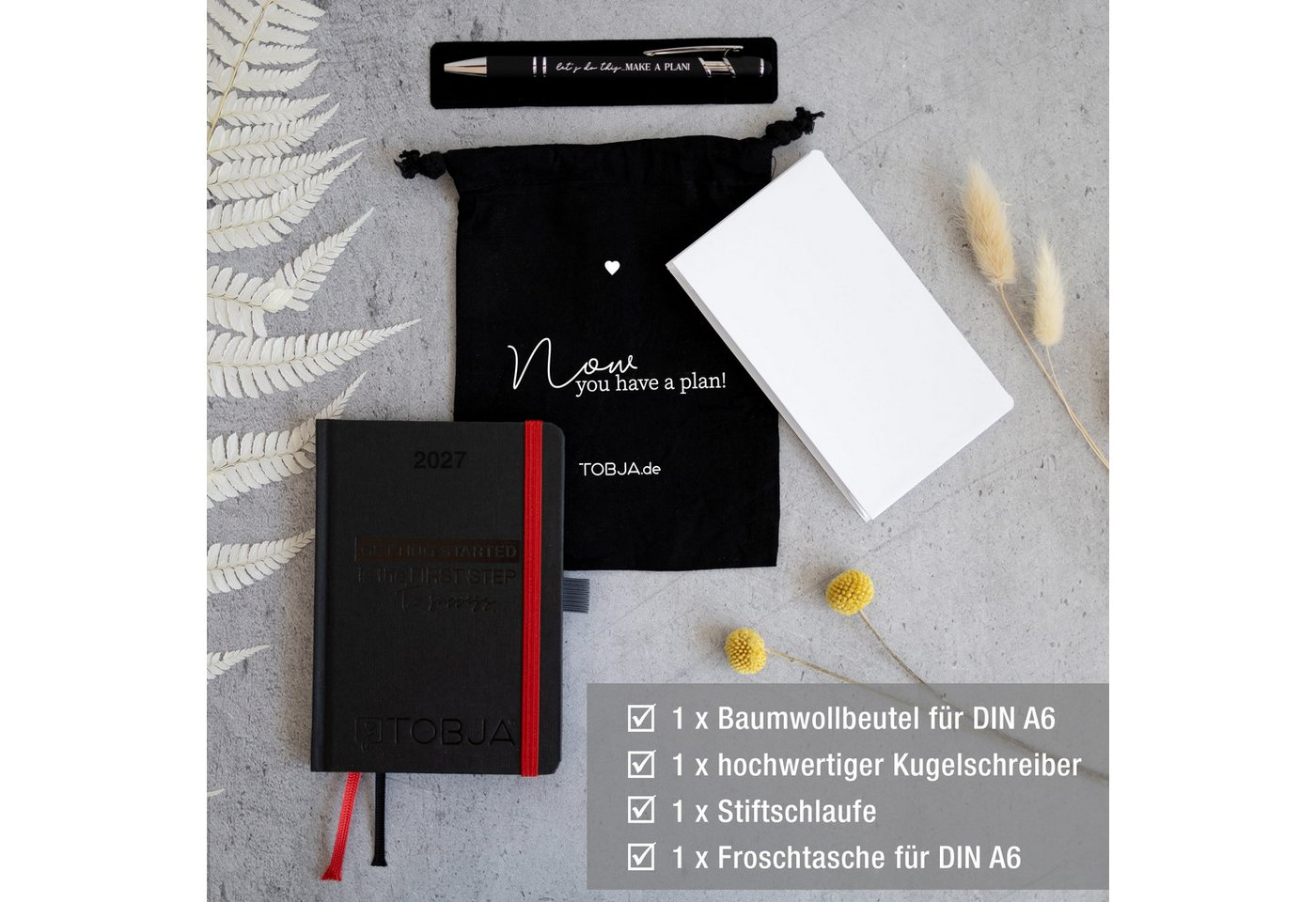 TOBJA Taschenkalender Taschenkalender 2027 A6 Schwarz Set mit Stift, Pen-Loop und Beutel, Zubehör-Set, Froschtasche, Pen-Loop, Touch-Stift, FSC-Hardcover Bild 2