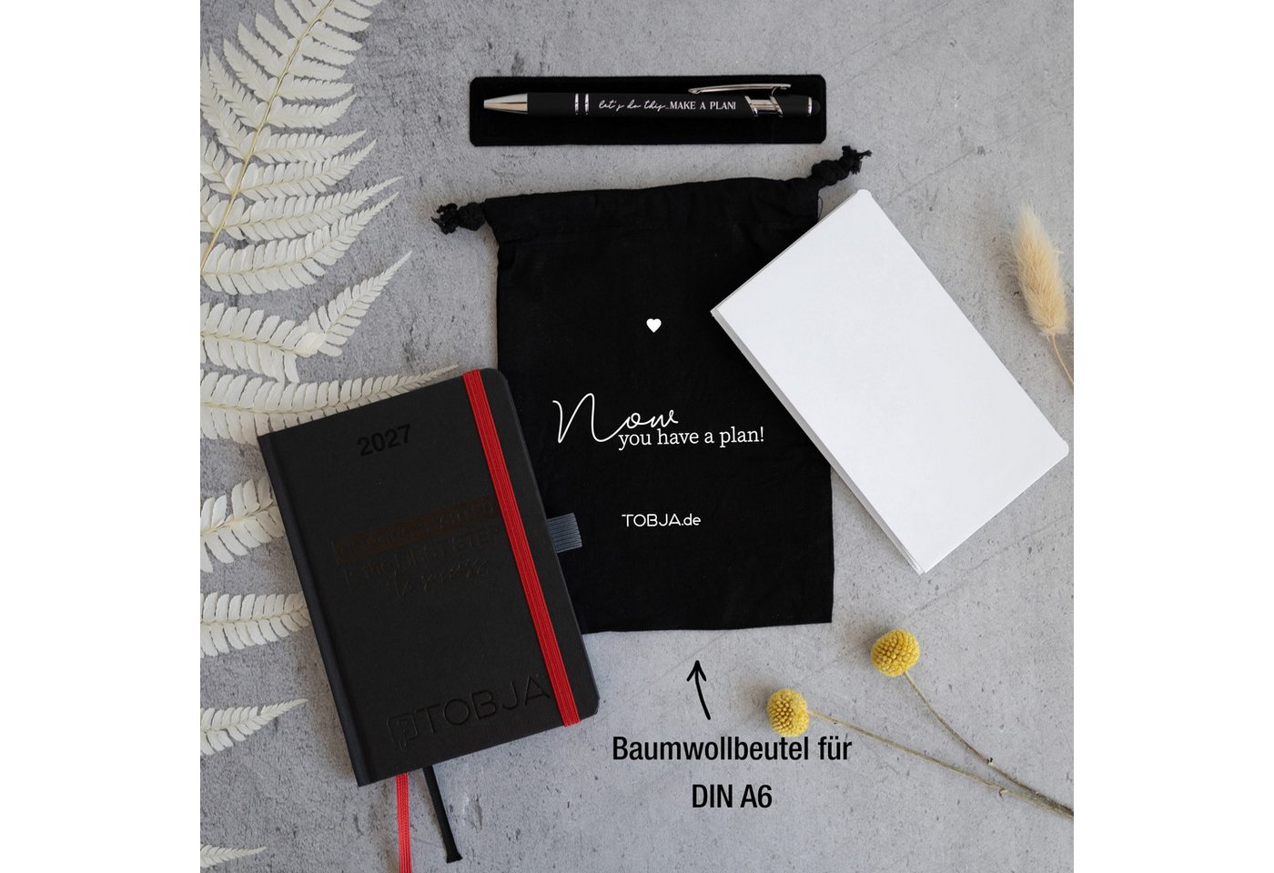 TOBJA Taschenkalender Taschenkalender 2027 A6 Schwarz Set mit Stift, Pen-Loop und Beutel, Zubehör-Set, Froschtasche, Pen-Loop, Touch-Stift, FSC-Hardcover Bild 3