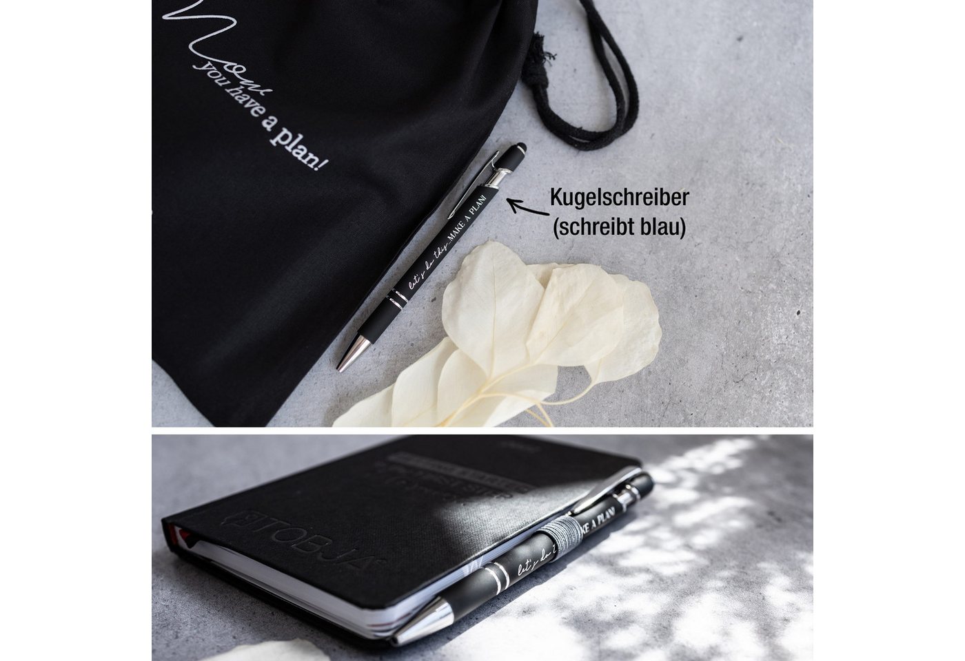 TOBJA Taschenkalender Taschenkalender 2027 A6 Schwarz Set mit Stift, Pen-Loop und Beutel, Zubehör-Set, Froschtasche, Pen-Loop, Touch-Stift, FSC-Hardcover Bild 4