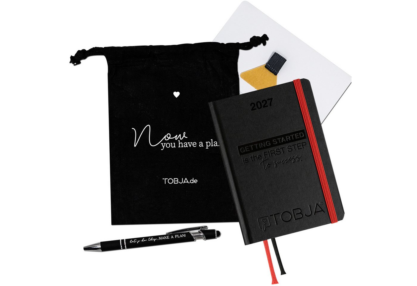 TOBJA Taschenkalender Taschenkalender 2027 A6 Schwarz Set mit Stift, Pen-Loop und Beutel, Zubehör-Set, Froschtasche, Pen-Loop, Touch-Stift, FSC-Hardcover Bild 5