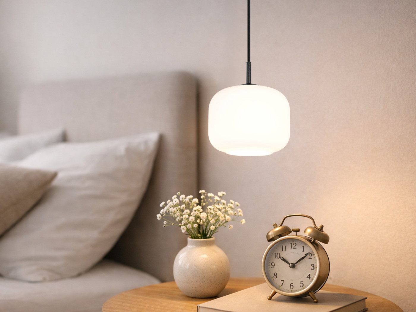 Reality Leuchten LED Pendelleuchte mit Glas Lampenschirm Weiß Ø 15cm, Dimmfunktion, LED wechselbar, Warmweiß, Nachttisch Lampe hängend, einflammig klein, inkl. Leuchtmittel dimmbar Bild 5