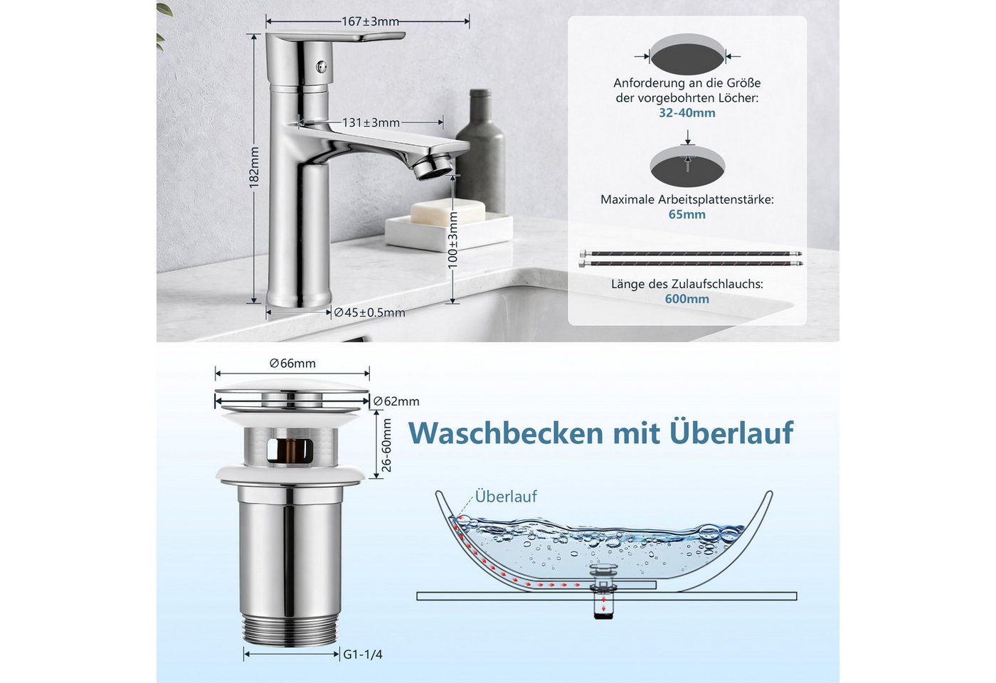 HOMELODY Waschtischarmatur Wasserhahn Bad Einhebelmischer mit Pop-up Ablaufgarnitur