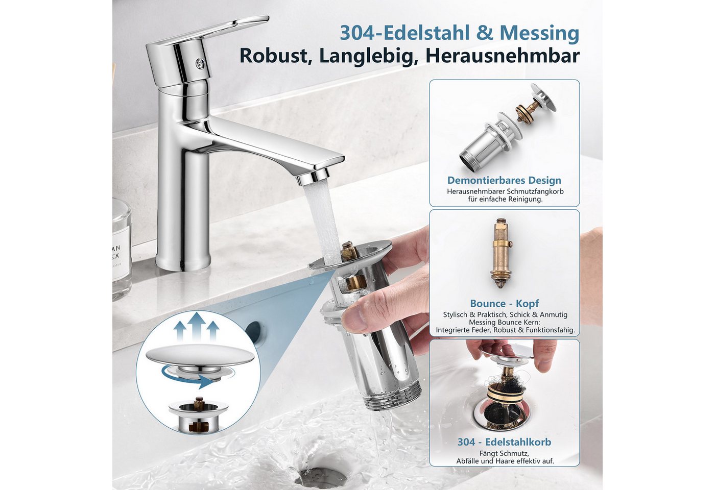 HOMELODY Waschtischarmatur Wasserhahn Bad Einhebelmischer mit Pop-up Ablaufgarnitur Bild 5