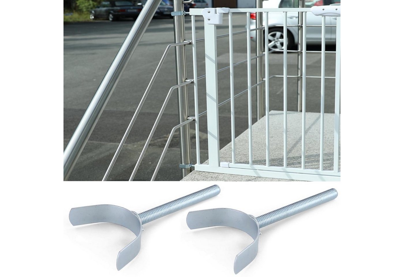 RAMROXX Treppenschutzgitter Absperrgitter Treppenschutz Metall weiß + Y Halter 83 -96cm 120cm