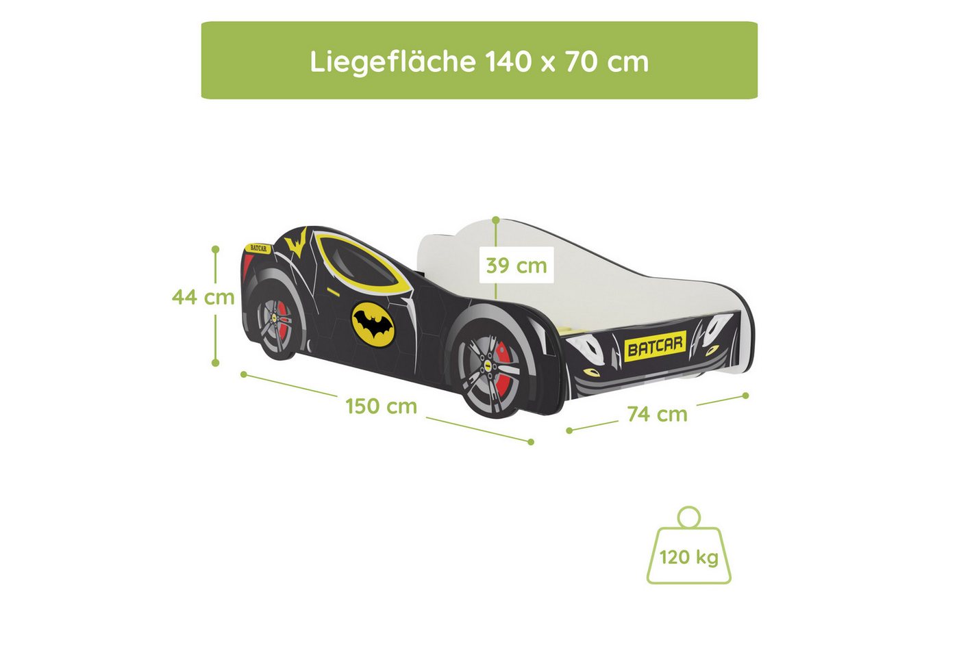 Kids Collective Autobett 70x140 / 80x160 cm Kinderbett Jugendbett mit Rausfallschutz, Kinderbett 70x140 cm mit Lattenrost - für Kinder ab 2 Jahren