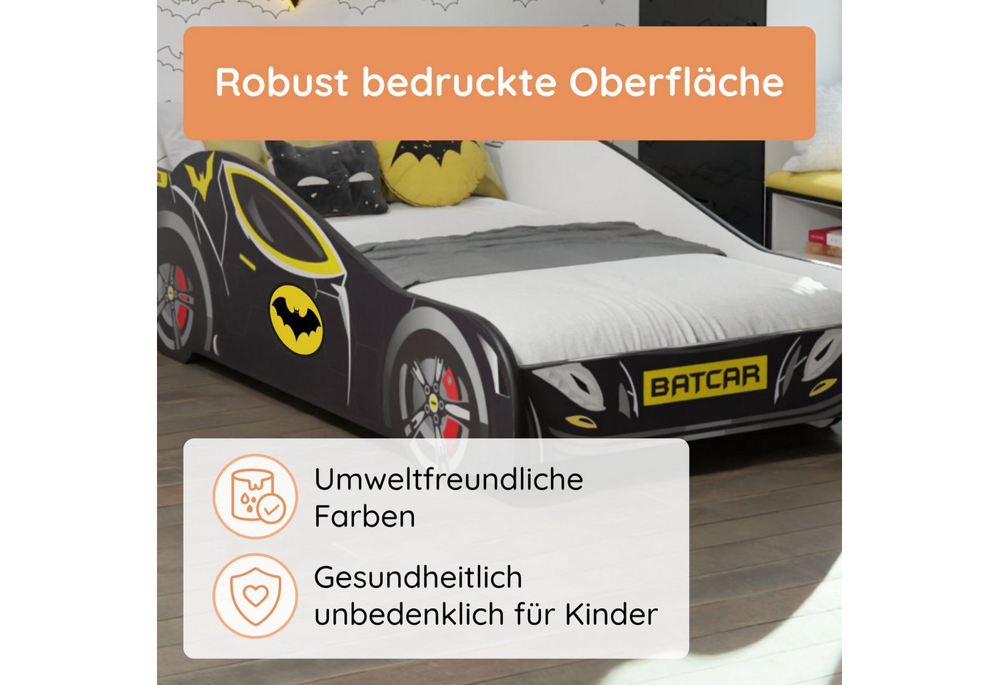 Kids Collective Autobett 70x140 / 80x160 cm Kinderbett Jugendbett mit Rausfallschutz, Kinderbett 70x140 cm mit Lattenrost - für Kinder ab 2 Jahren Bild 2