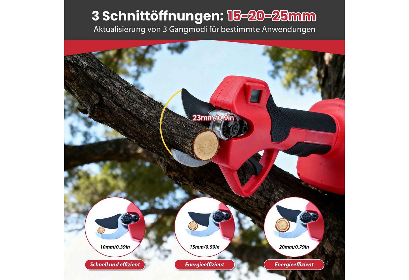 BBWL Akku-Astschere 300W mit wiederaufladbarem Akku, 3 Schnittgrößen 15-20-25mm, (leise, niedriges Rückschlagdesign), ideal für Garten, Hecken und Sträucher Bild 5