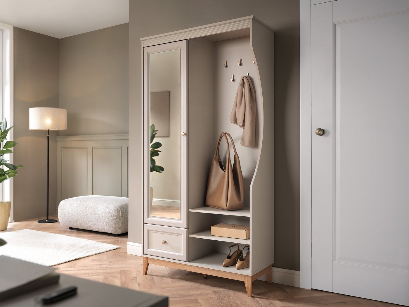 Compleo Garderobenschrank mit Schublade und Spiegel, Holzfüße