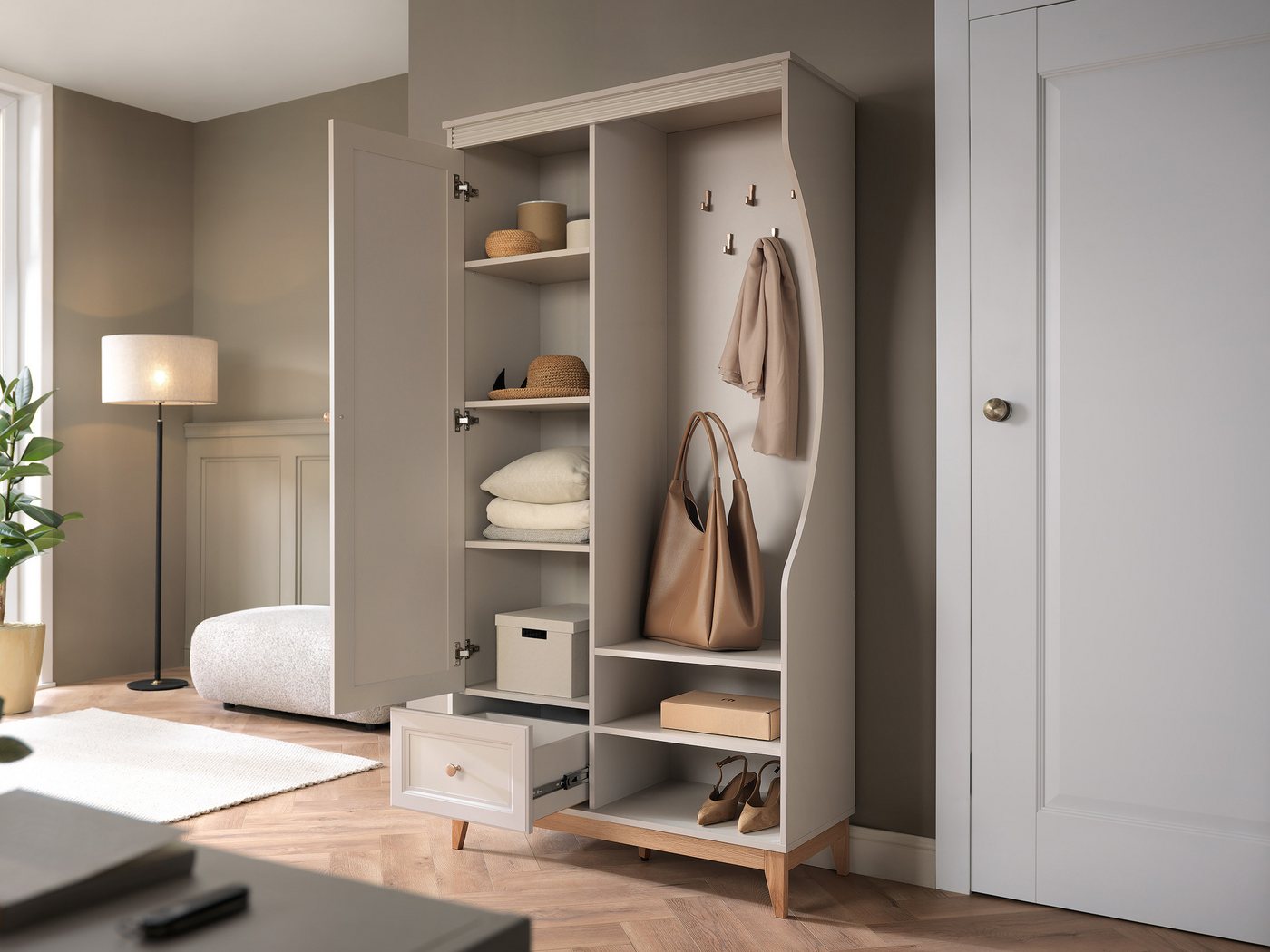 Compleo Garderobenschrank mit Schublade und Spiegel, Holzfüße Bild 3