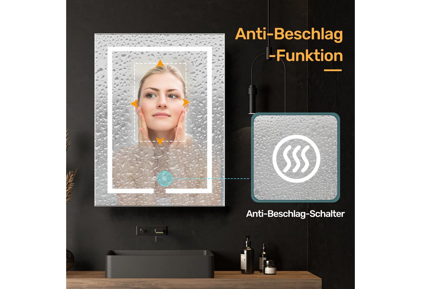 Luxstein Spiegelschrank Bad mit Beleuchtung und Steckdose, Verstellbares Regal, Entfogging-Funktion, Wandmontage