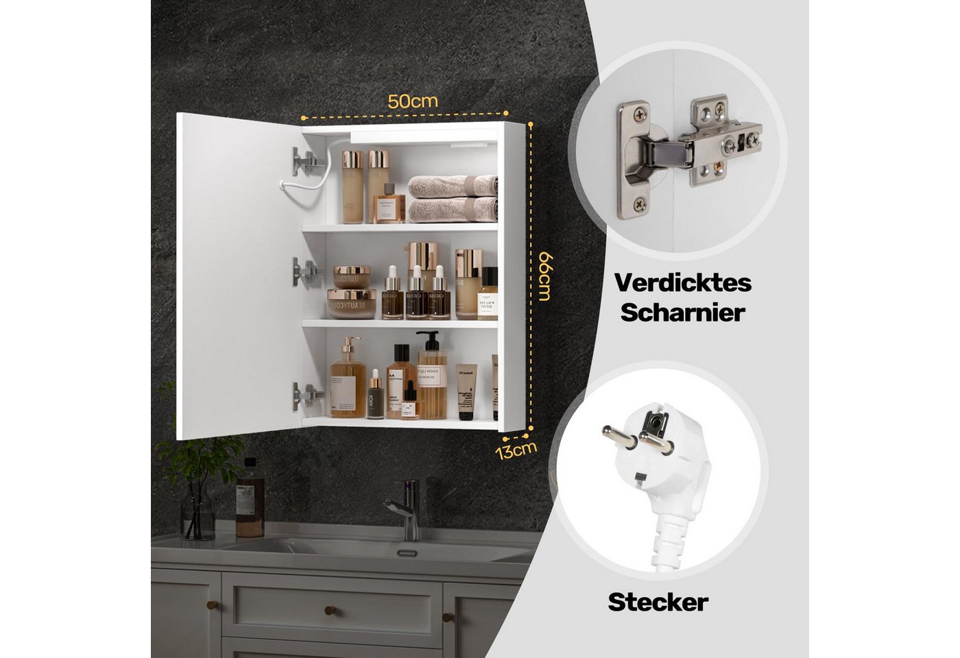 Luxstein Spiegelschrank Bad mit Beleuchtung und Steckdose, Verstellbares Regal, Entfogging-Funktion, Wandmontage Bild 2