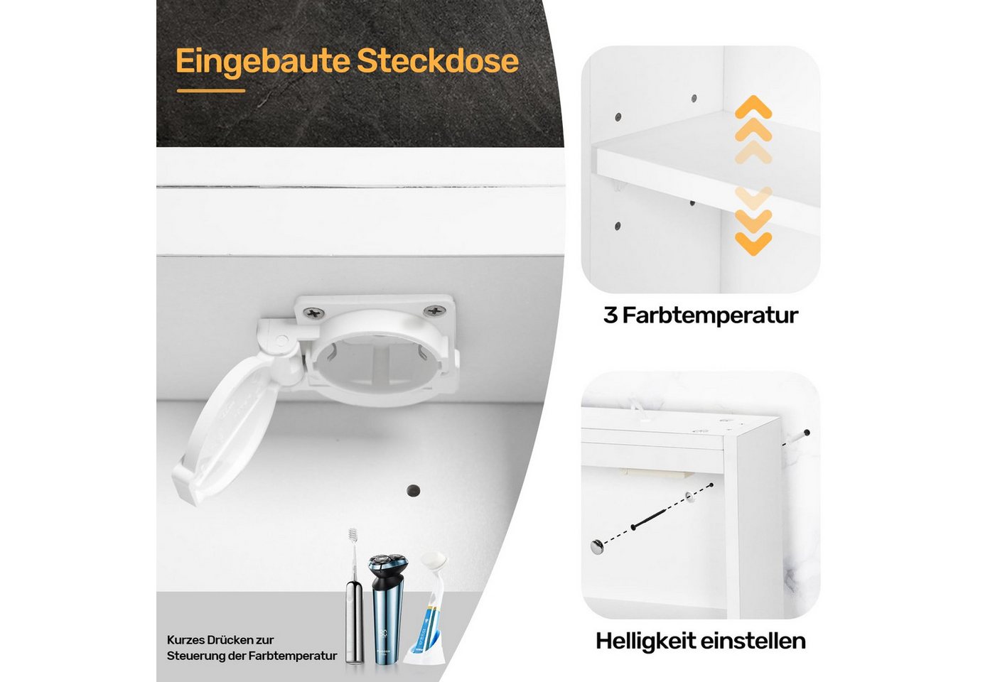 Luxstein Spiegelschrank Bad mit Beleuchtung und Steckdose, Verstellbares Regal, Entfogging-Funktion, Wandmontage Bild 4