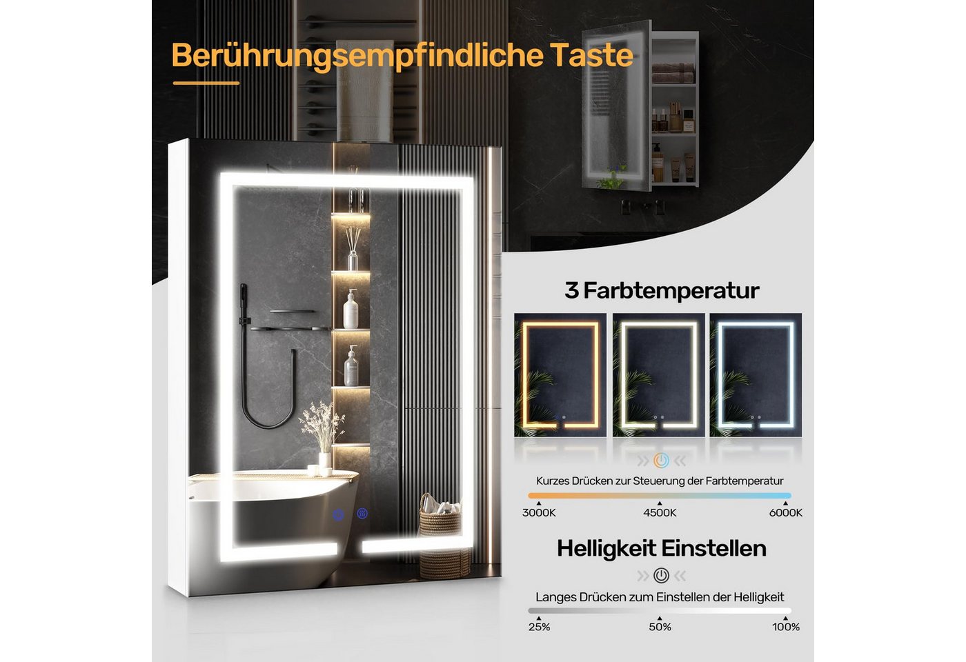 Luxstein Spiegelschrank Bad mit Beleuchtung und Steckdose, Verstellbares Regal, Entfogging-Funktion, Wandmontage Bild 5