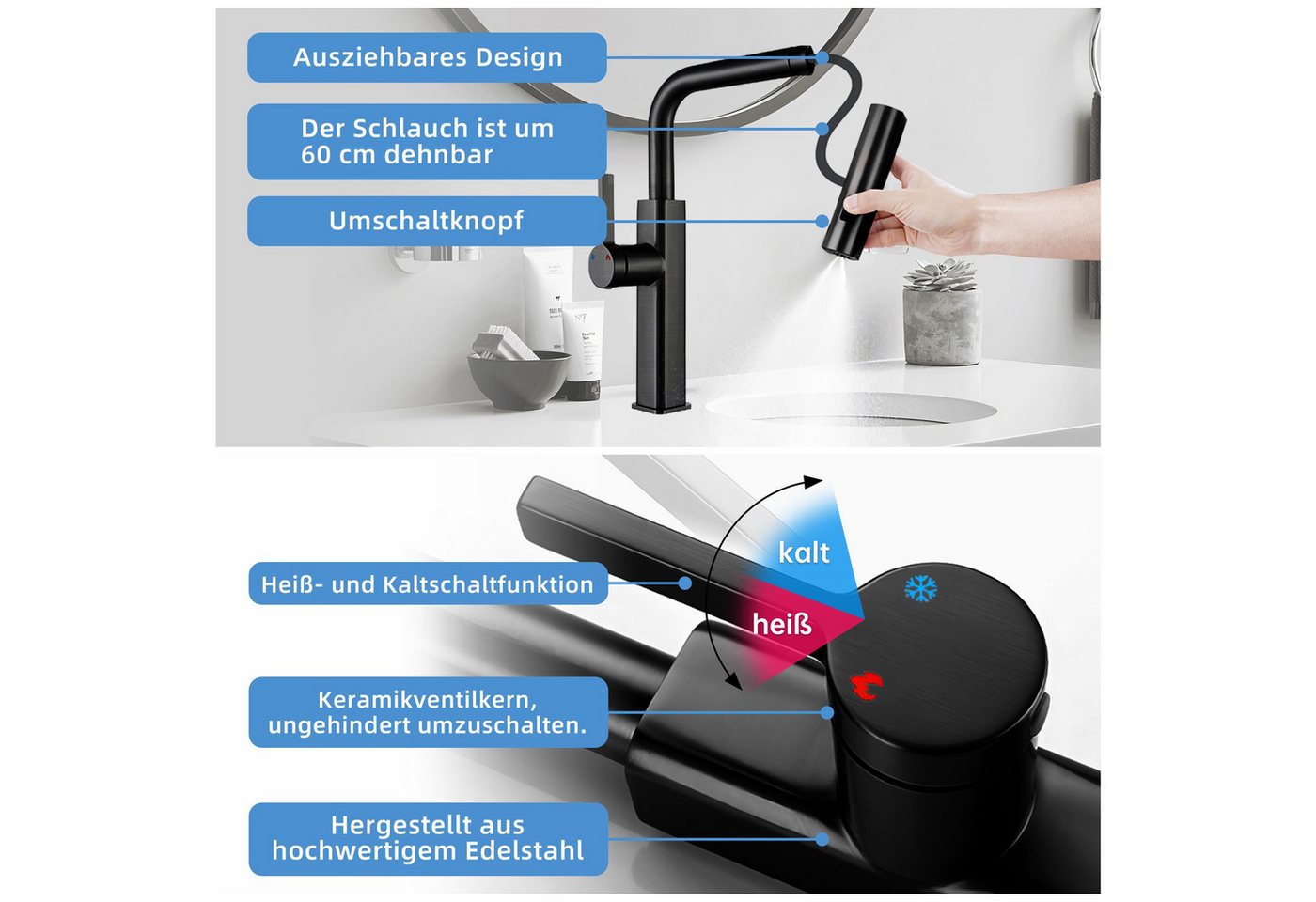 SEHAUSEU Küchenarmatur Wasserhahn Küche Bad Spültischarmatur ausziehbar 3 Strahlarten Hochdruckarmatur Bild 3