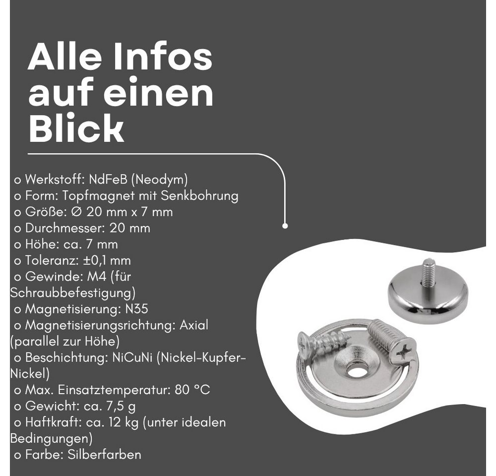 MaajeeKuto Magnet Neodym Topfmagnet Ø20 mm mit Senkbohrung 12 kg Gewinde M4 (4-St) Bild 4