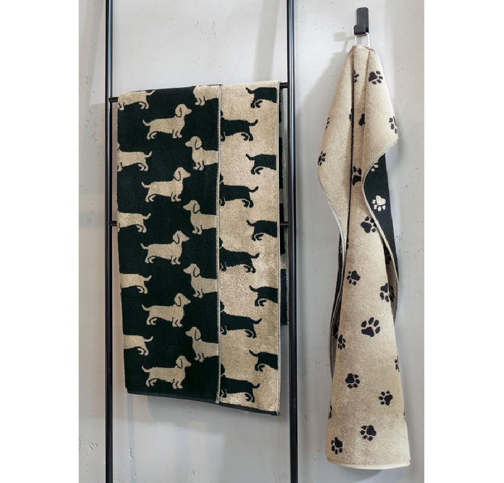Cawö Badetücher Handtuch We love Dogs Pfoten Paws Schwarz Beige (50x100cm) Bild 2