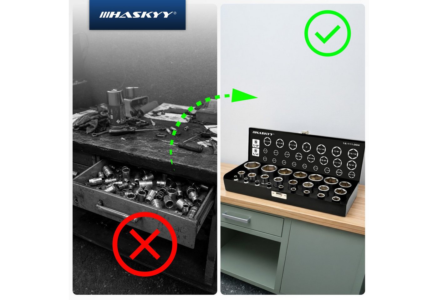 HASKYY Steckschlüssel 24-tlg Stecknuss-Set Zoll 1/4″ & 1/2″ Antrieb – 5/32″–1 1/4″