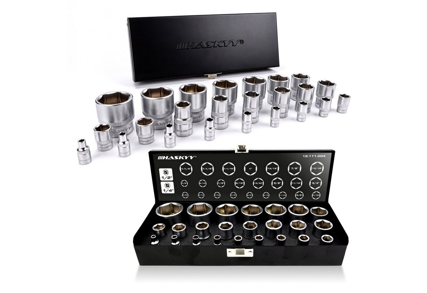 HASKYY Steckschlüssel 24-tlg Stecknuss-Set Zoll 1/4″ & 1/2″ Antrieb – 5/32″–1 1/4″ Bild 3