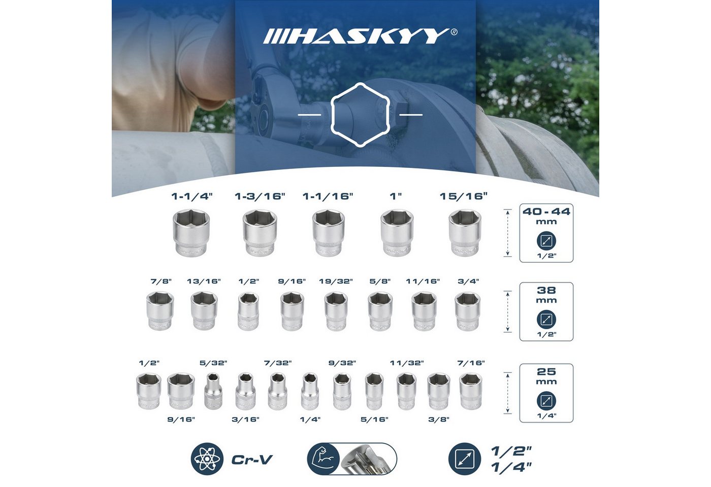 HASKYY Steckschlüssel 24-tlg Stecknuss-Set Zoll 1/4″ & 1/2″ Antrieb – 5/32″–1 1/4″ Bild 5