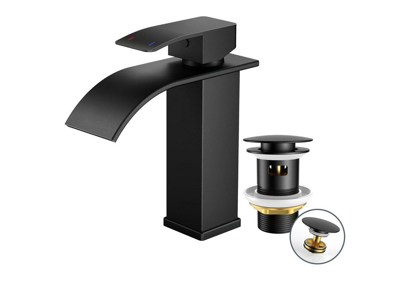 LuxusKollektion Waschtischarmatur Waschtischarmatur Wasserfall Ablaufgarnitur Schwarz 110mm Matt-schwarz