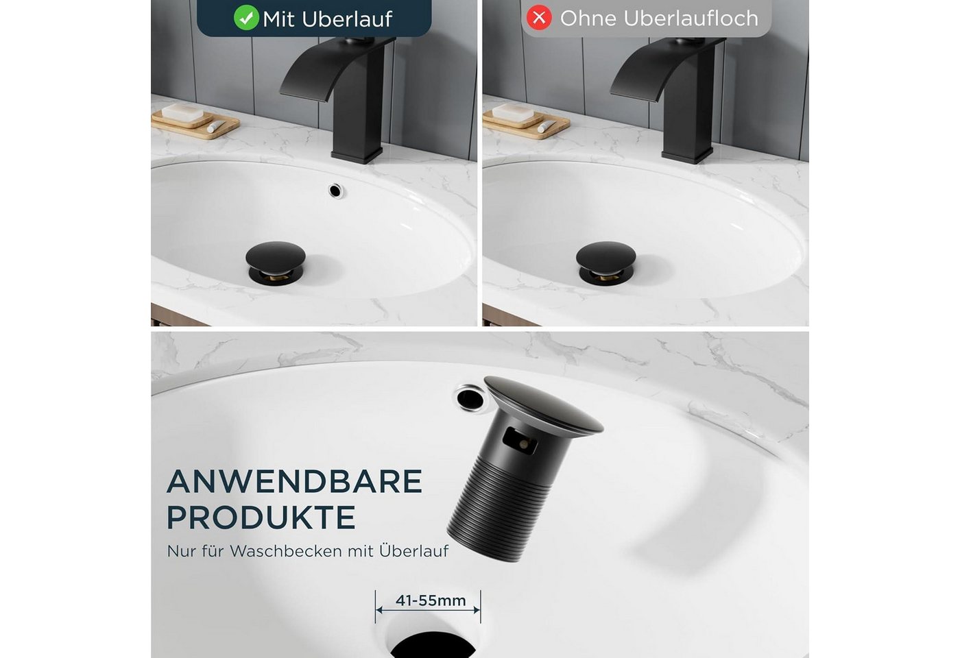 LuxusKollektion Waschtischarmatur Waschtischarmatur Wasserfall Ablaufgarnitur Schwarz 110mm Matt-schwarz Bild 2