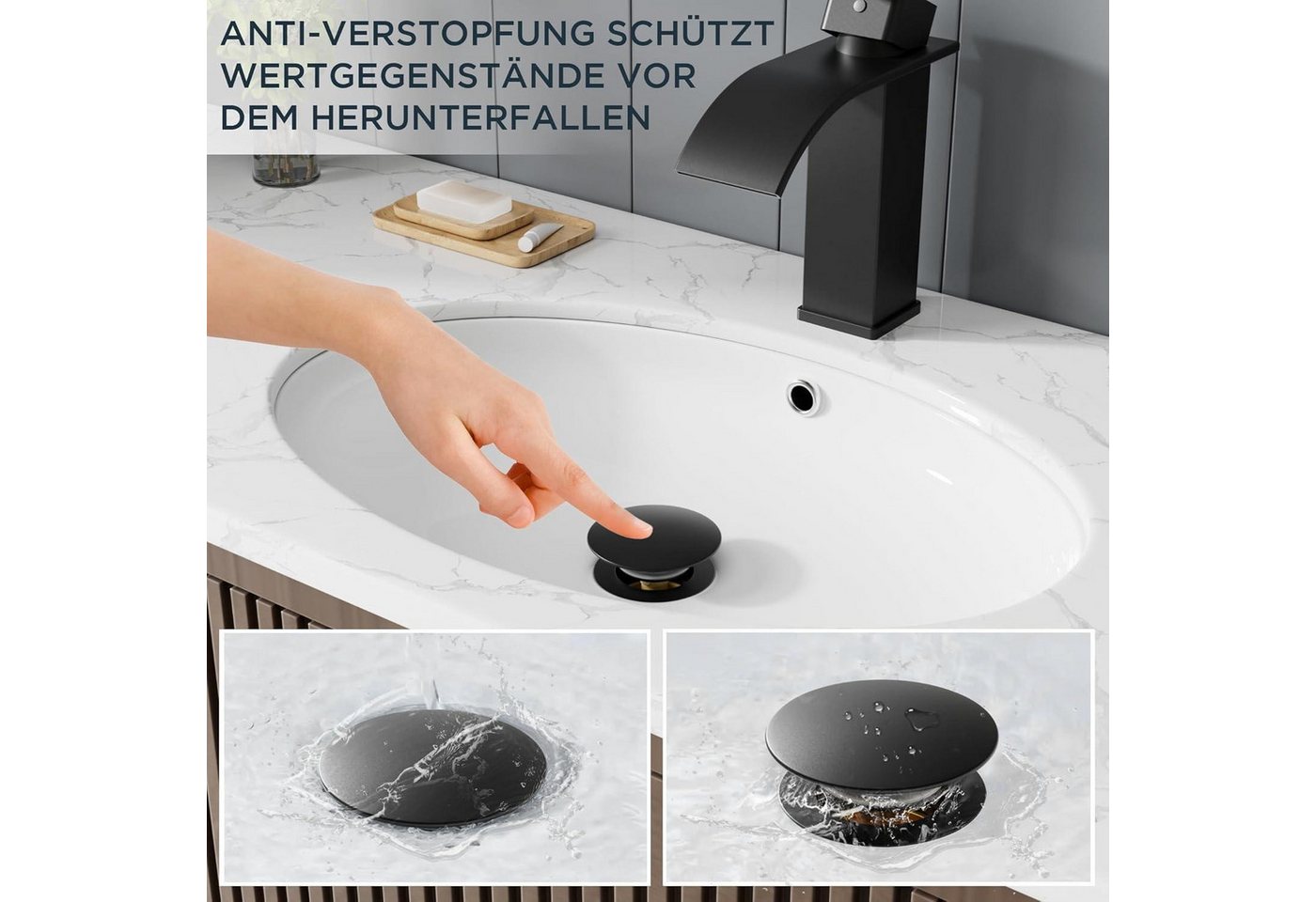 LuxusKollektion Waschtischarmatur Waschtischarmatur Wasserfall Ablaufgarnitur Schwarz 110mm Matt-schwarz Bild 3