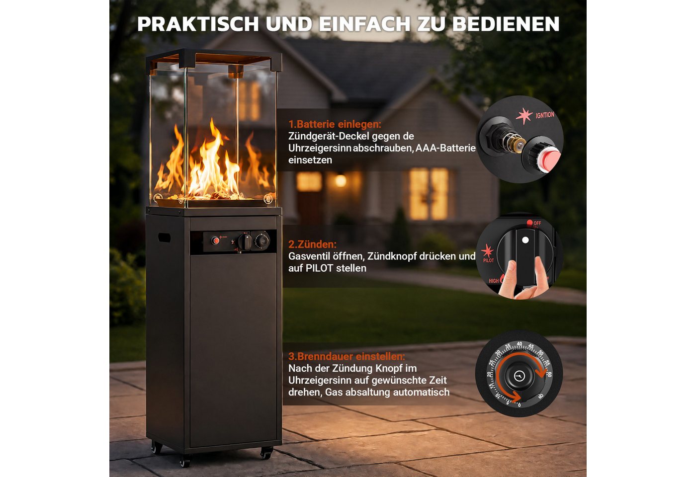HOMALL Heizstrahler 8KW Mobiler Gasheizstrahler Terrassenstrahler Elektronische Zündung, Piezo-Zündung, Kippschutz und Thermoelement-Sicherheit Mit Timer Bild 4