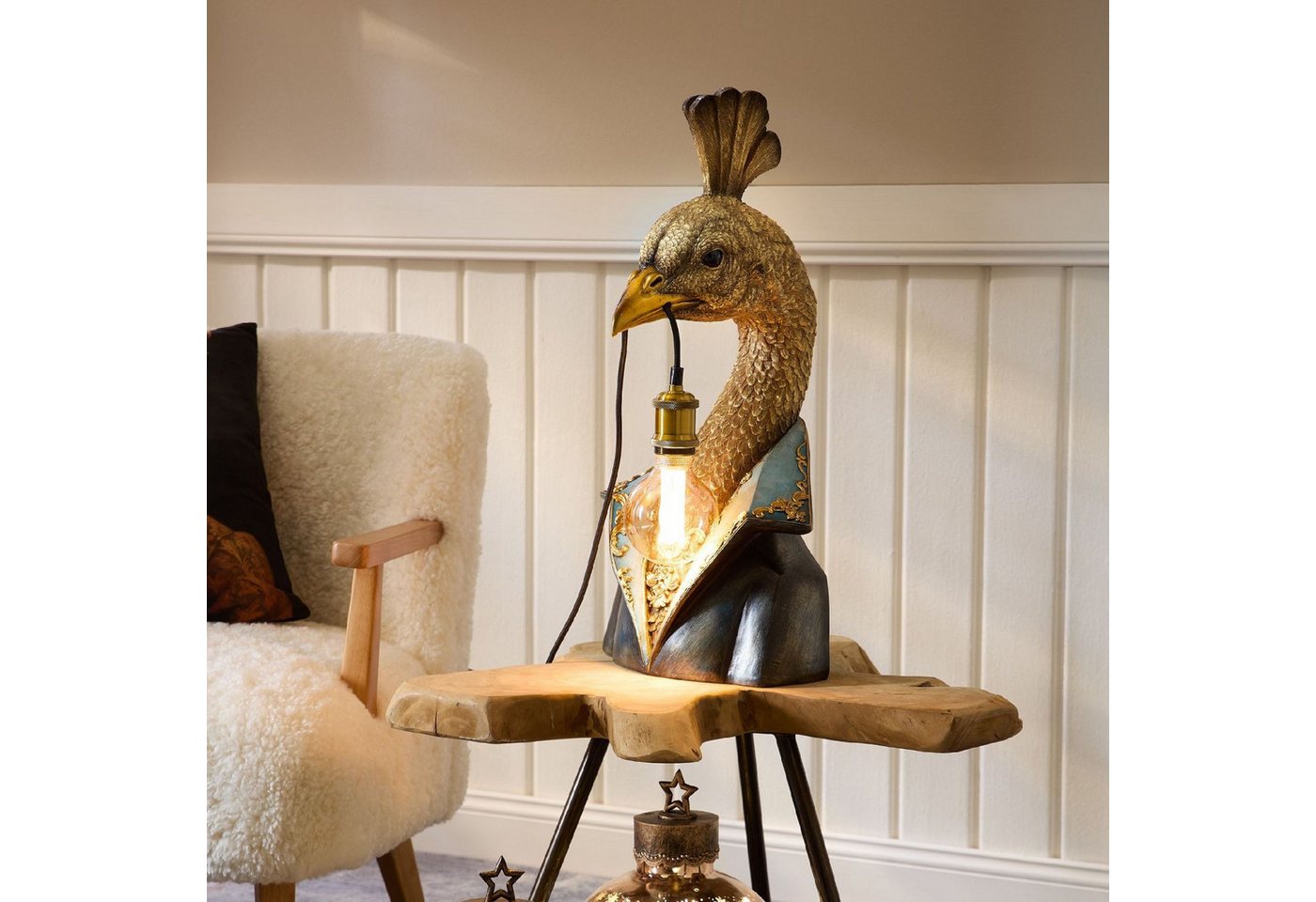 formano Tischleuchte Pop Art Tiere im Anzug, Nicht enthalten, mit Stecker und Schalter, Gold, Pfau, H: 58cm Bild 5