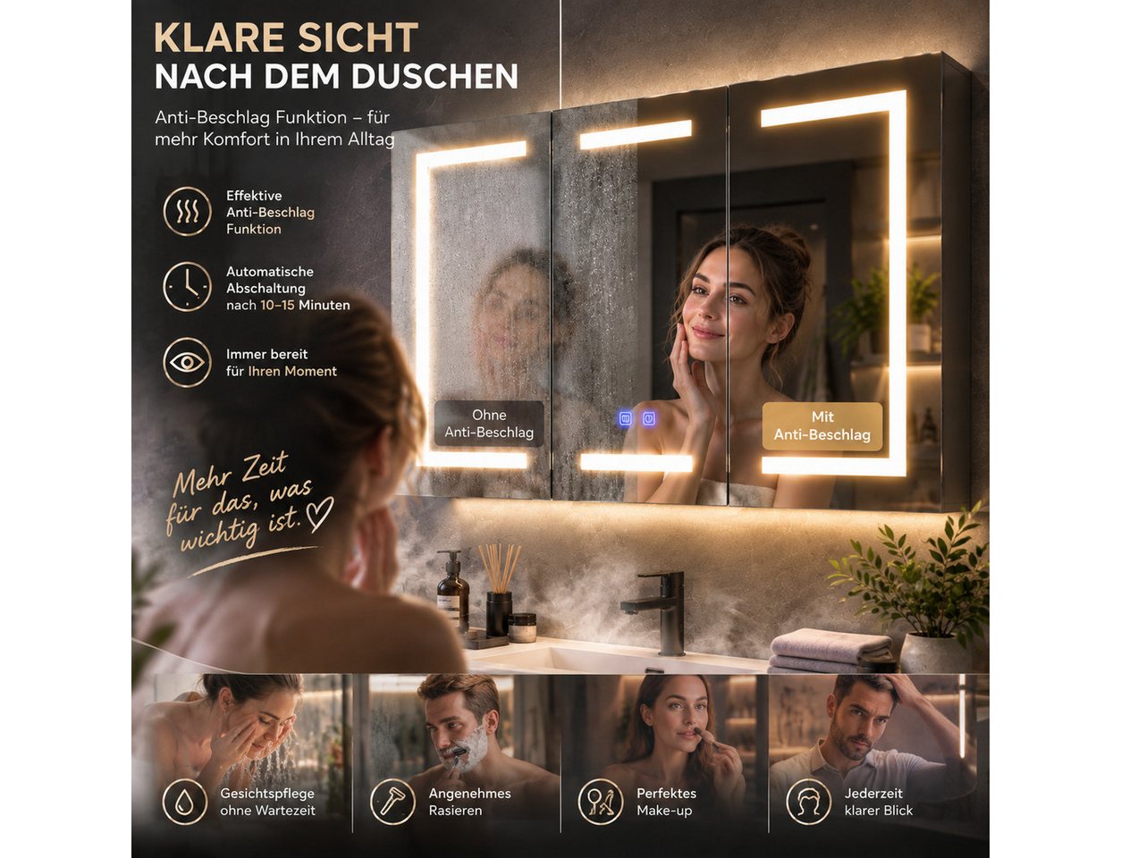 Simurq Badezimmerspiegelschrank 100 cm LED-Spiegelschrank mit 3 Türen, Anti-Beschlag Tuchentnahme im unteren rechten Bereich
