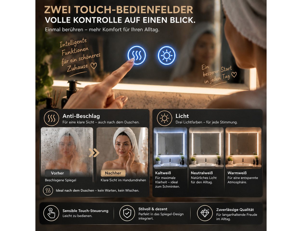 Simurq Badezimmerspiegelschrank 100 cm LED-Spiegelschrank mit 3 Türen, Anti-Beschlag Tuchentnahme im unteren rechten Bereich Bild 2