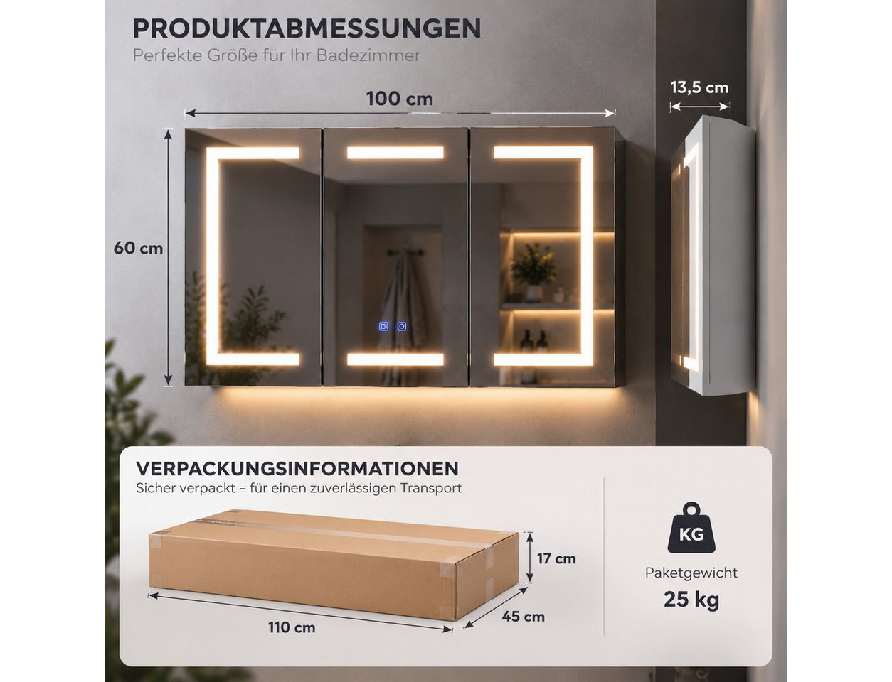 Simurq Badezimmerspiegelschrank 100 cm LED-Spiegelschrank mit 3 Türen, Anti-Beschlag Tuchentnahme im unteren rechten Bereich Bild 3