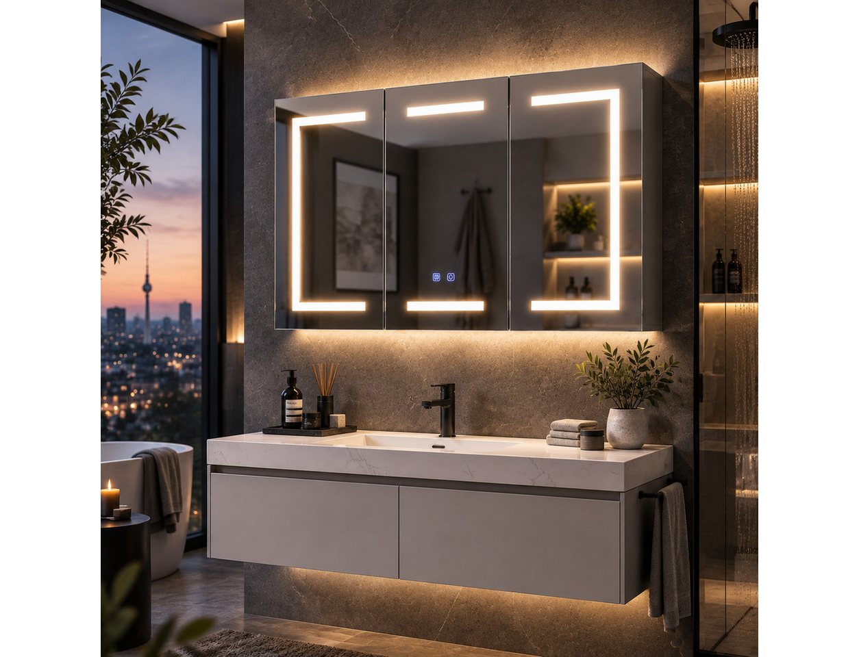 Simurq Badezimmerspiegelschrank 100 cm LED-Spiegelschrank mit 3 Türen, Anti-Beschlag Tuchentnahme im unteren rechten Bereich Bild 4