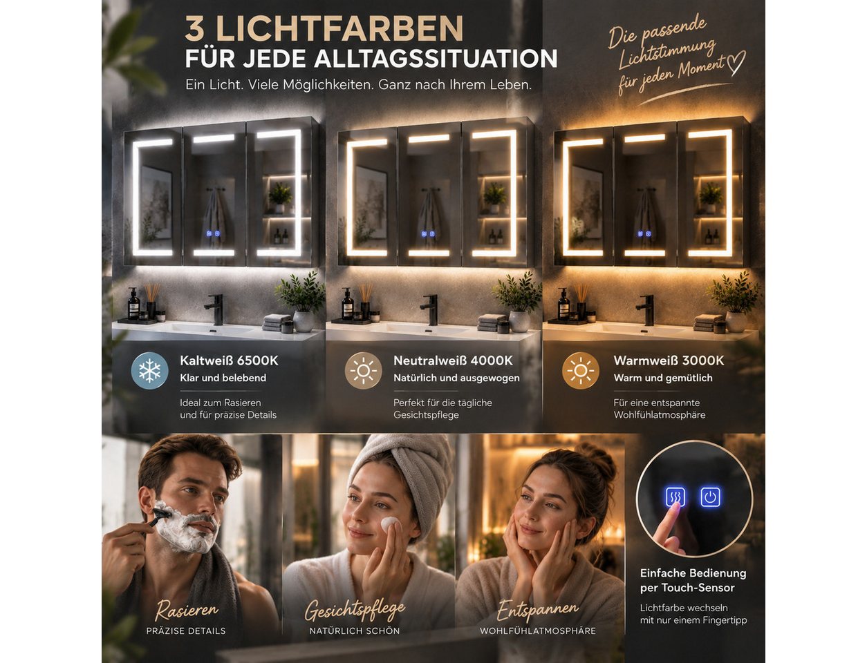 Simurq Badezimmerspiegelschrank 100 cm LED-Spiegelschrank mit 3 Türen, Anti-Beschlag Tuchentnahme im unteren rechten Bereich Bild 5