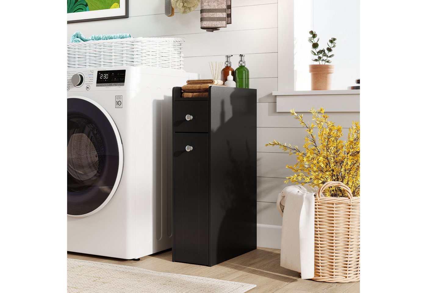 KOMFOTTEU Badkommode Nischenschrank Nischenregal Badezimmerschrank, mit Schublade & Rollen Bild 2
