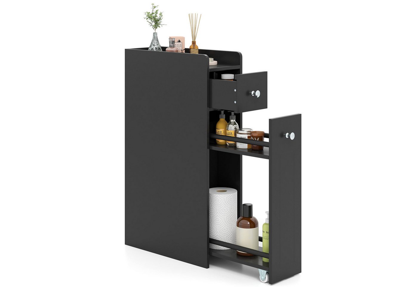 KOMFOTTEU Badkommode Nischenschrank Nischenregal Badezimmerschrank, mit Schublade & Rollen Bild 4