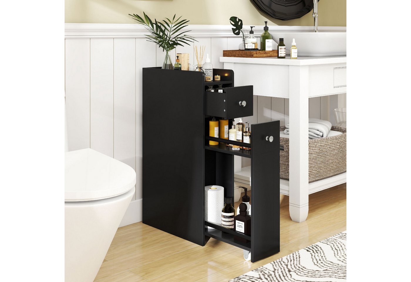 KOMFOTTEU Badkommode Nischenschrank Nischenregal Badezimmerschrank, mit Schublade & Rollen Bild 5