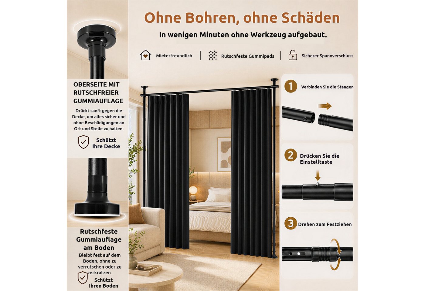 BlingBin Raumteiler Bohrfreier Raumteiler Spannstange, verstellbares Raumtrenn‑Spannsystem, 2‑vertikal 1‑horizontal, mit Vorhang, Höhe 227‑312 cm, Breite 71‑178 cm 4-tlg., freistehende Sichtschutz Trennwand für Mietwohnung, Homeoffice, Balkon