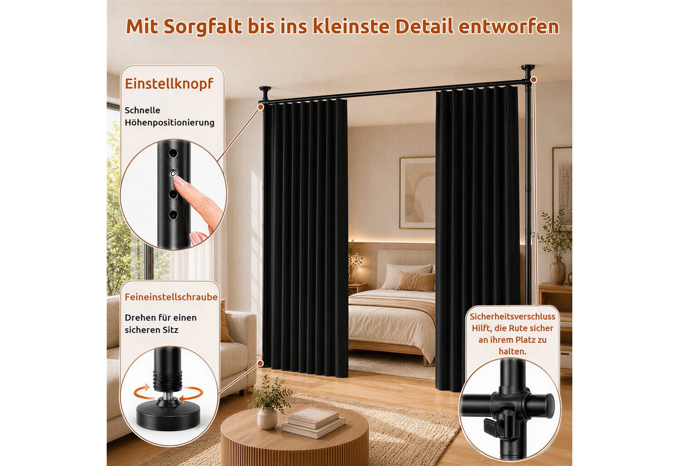 BlingBin Raumteiler Bohrfreier Raumteiler Spannstange, verstellbares Raumtrenn‑Spannsystem, 2‑vertikal 1‑horizontal, mit Vorhang, Höhe 227‑312 cm, Breite 71‑178 cm 4-tlg., freistehende Sichtschutz Trennwand für Mietwohnung, Homeoffice, Balkon Bild 2