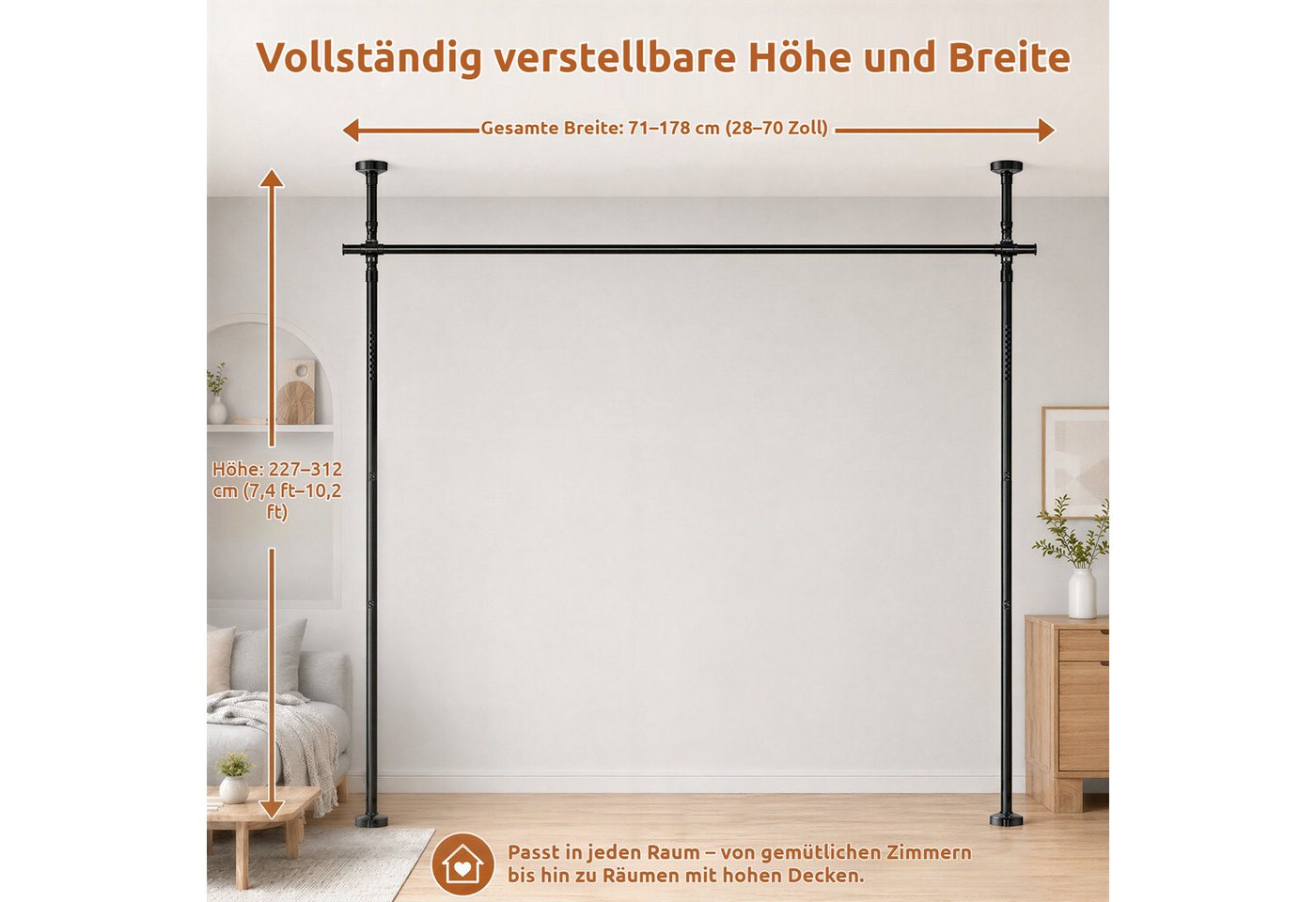 BlingBin Raumteiler Bohrfreier Raumteiler Spannstange, verstellbares Raumtrenn‑Spannsystem, 2‑vertikal 1‑horizontal, mit Vorhang, Höhe 227‑312 cm, Breite 71‑178 cm 4-tlg., freistehende Sichtschutz Trennwand für Mietwohnung, Homeoffice, Balkon Bild 3
