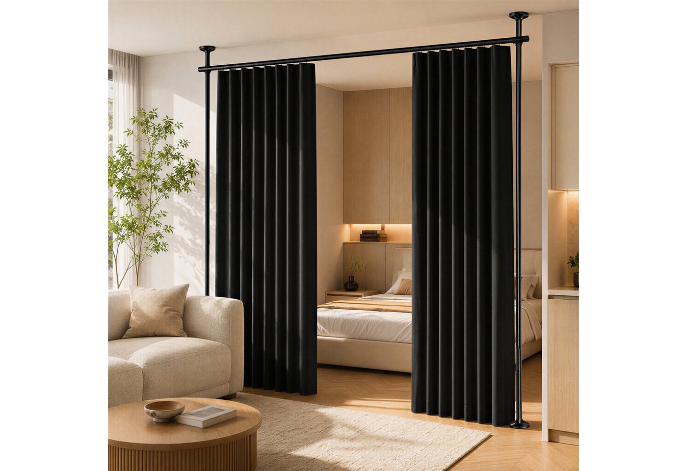 BlingBin Raumteiler Bohrfreier Raumteiler Spannstange, verstellbares Raumtrenn‑Spannsystem, 2‑vertikal 1‑horizontal, mit Vorhang, Höhe 227‑312 cm, Breite 71‑178 cm 4-tlg., freistehende Sichtschutz Trennwand für Mietwohnung, Homeoffice, Balkon Bild 4