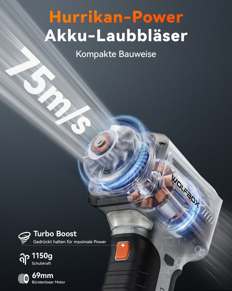 WOLFBOX Akku-Laubbläser MegaFlow 500pro Akku Laubbläser, 270 km/h, (1 St), für Garten, Auto, Terrasse, 3 Düsen Bild 2