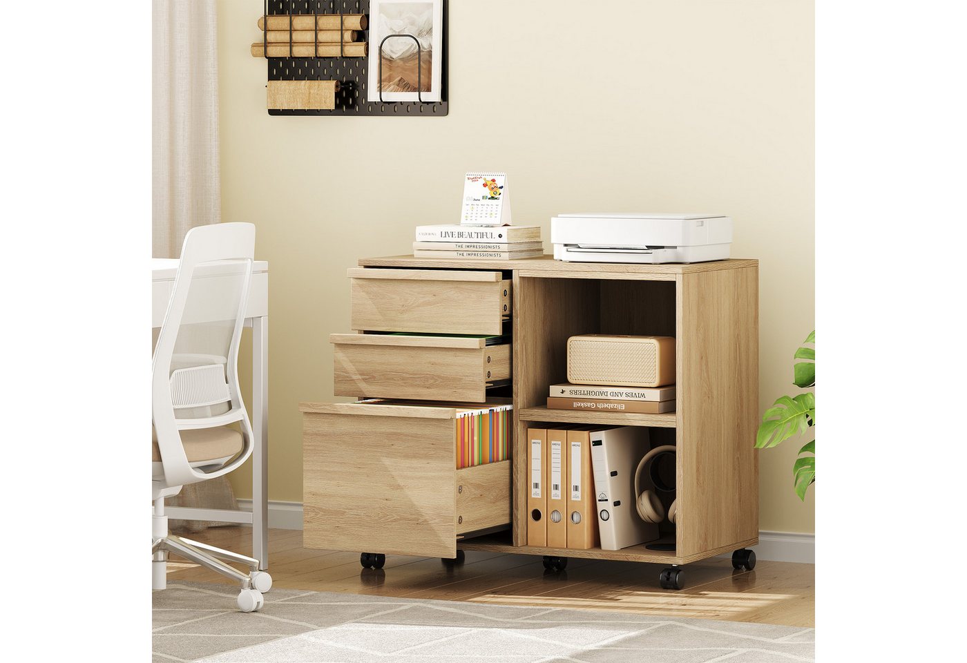 GarveeMore Aktenschrank Container Stauraumschrank mit 3 Schubladen und offenen Ablagefächern (1-St) hoch 67cm, mit Rolle Computerschrank Beistellschrank Mehrzweckschrank Bild 2