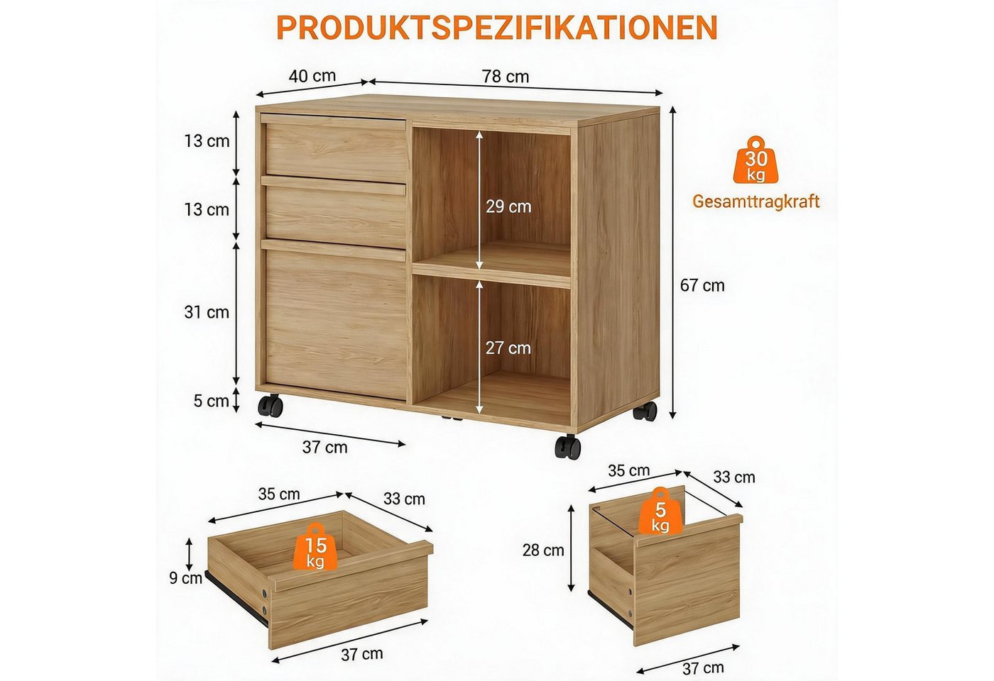 GarveeMore Aktenschrank Container Stauraumschrank mit 3 Schubladen und offenen Ablagefächern (1-St) hoch 67cm, mit Rolle Computerschrank Beistellschrank Mehrzweckschrank Bild 5