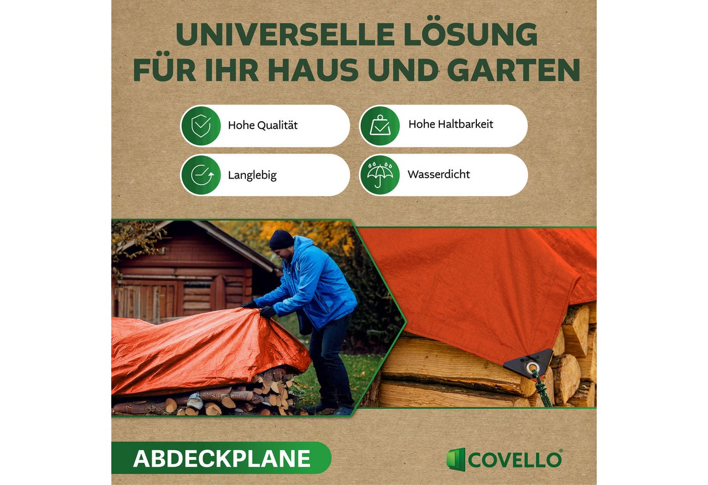 Covello Schutzplane 90g/m² orange, Abdeckplane mit Ösen wasserdicht, Plane UV-stabilisiert in vielen verschiedenen Farben & Größen Bild 2