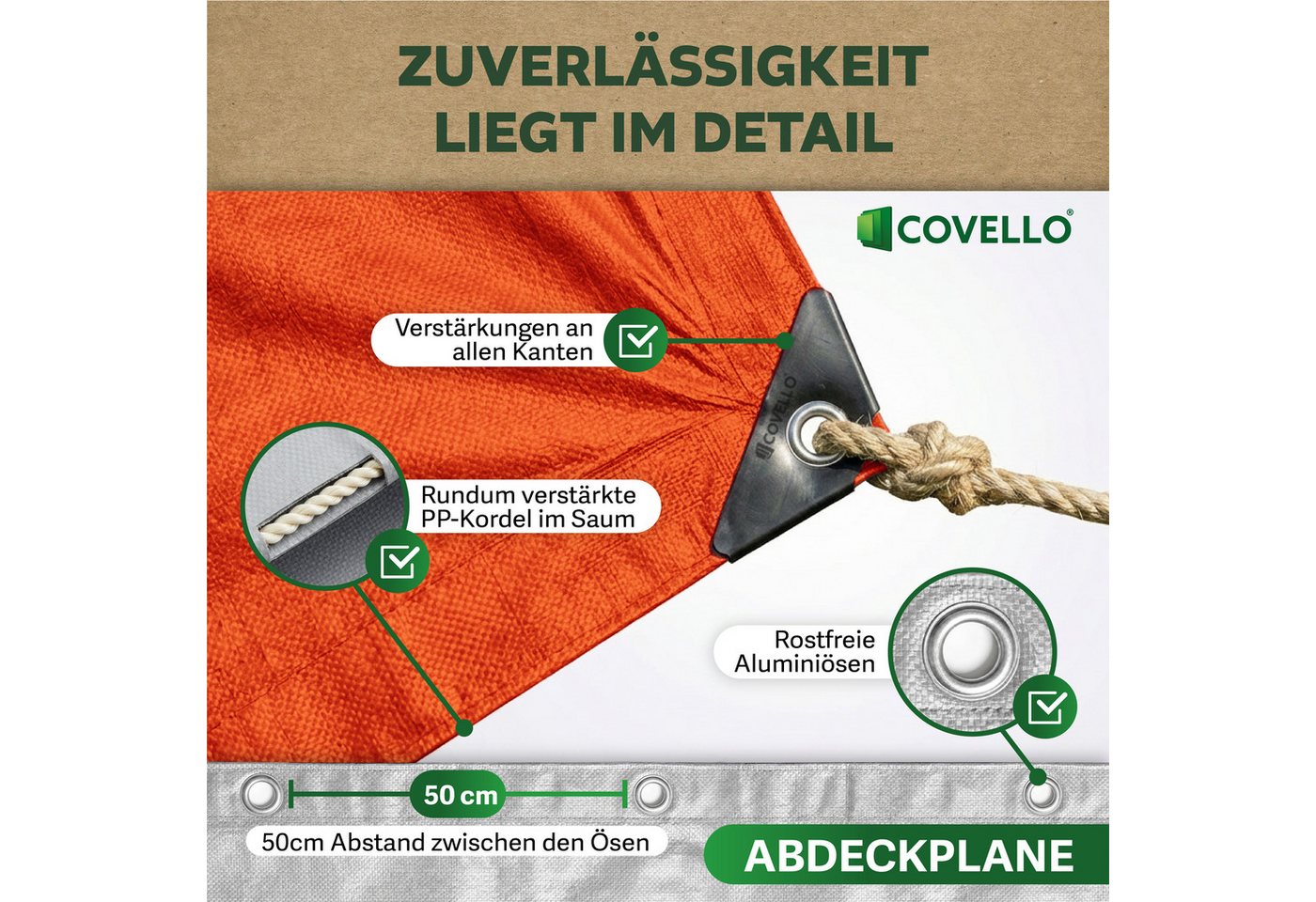 Covello Schutzplane 90g/m² orange, Abdeckplane mit Ösen wasserdicht, Plane UV-stabilisiert in vielen verschiedenen Farben & Größen Bild 3